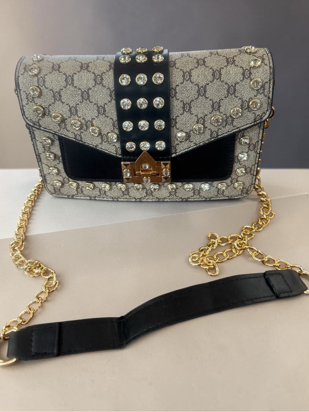 Black and Beige Crystal-Stud Shoulder Bag